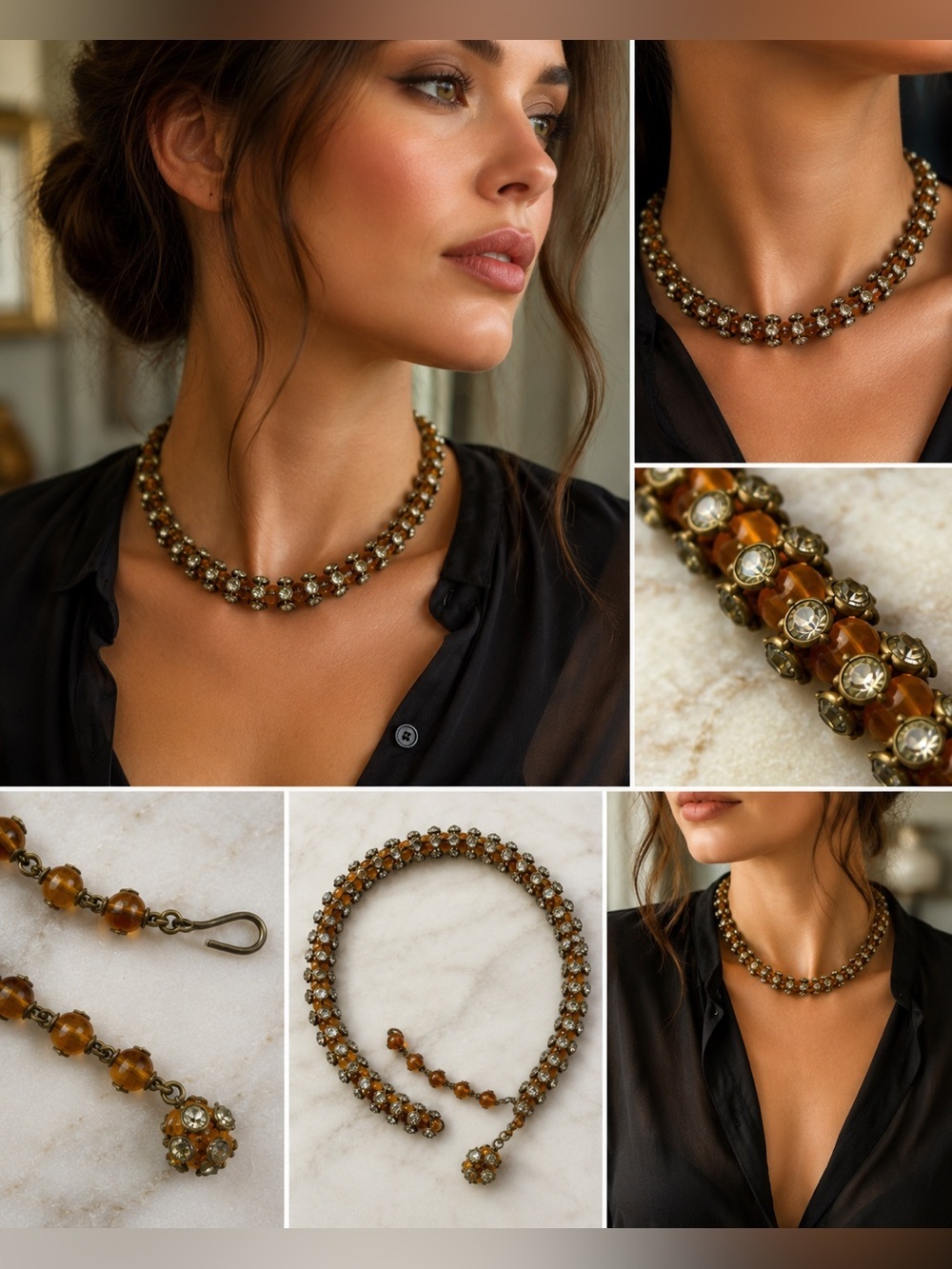 Vintage Art Deco Czech Amber Glass & Rhinestone Necklace | Bohemian Brass 1930s